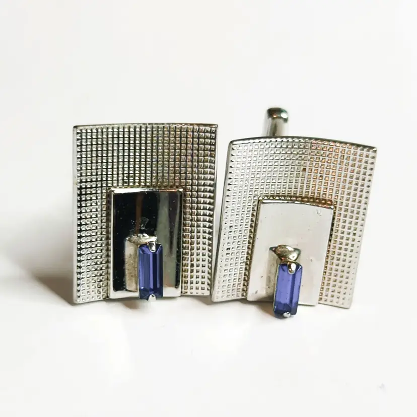 Vintage Hickok Silver Tone Cufflinks With Blue Gemstone Accents