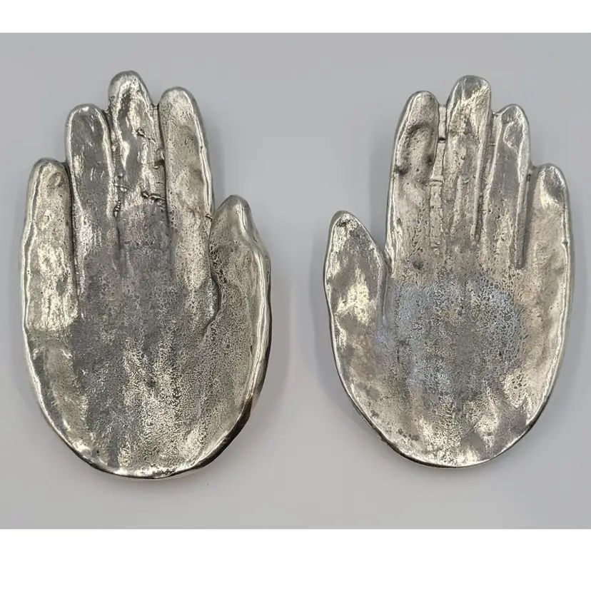 Silver Metal Hand Trinket Catch All Dishes Set Of 2