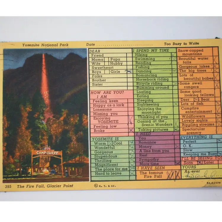 Vintage Yosemite National Park Fire Fall Linen Posted Postcard Circa 1940's