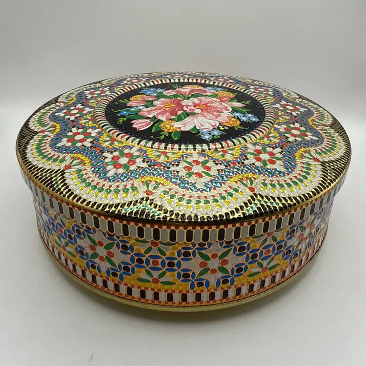 Vintage Daher Round Embossed Metal TIN With Lid Floral Mosaic Design England 8in