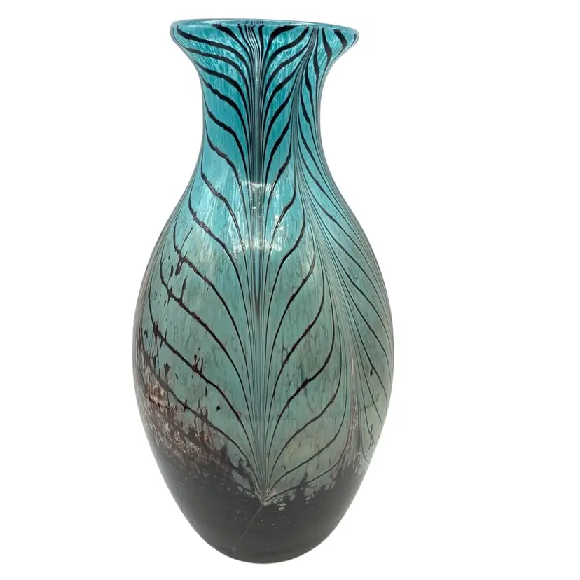 Vintage Bohemian Art Glass Vase Kiyan Burgundy Feather Pull Over Teal Hand Blown 12"