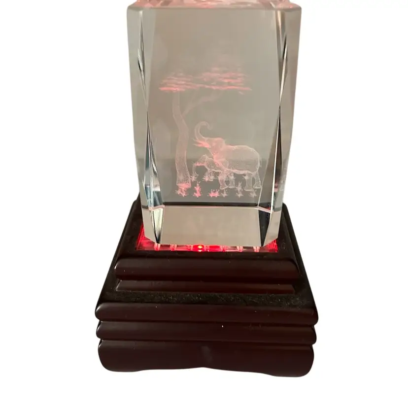 3-D Laser Etched Elephant And Baby Crystal Glass Cube Paperweight With Lighted Stand @ 3x2
