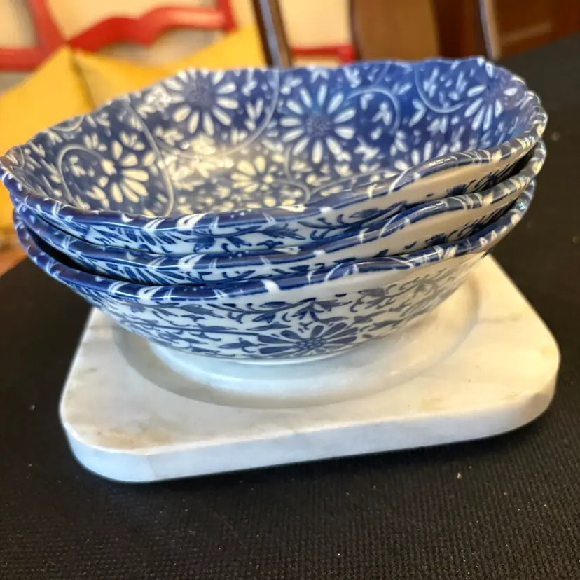 Set Of Three Japanese rice bowl 8” Sunflower Pattern Blue and White