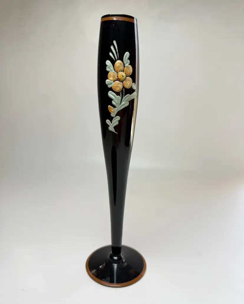 Antique Tiffin Art Deco Black Amethyst Glass 10" Slender Bud Vase Enamel Floral