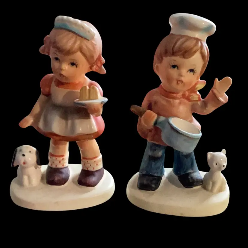 Vintage Our Children Boy And Girl Ceramic Figurines With Cat And Dog