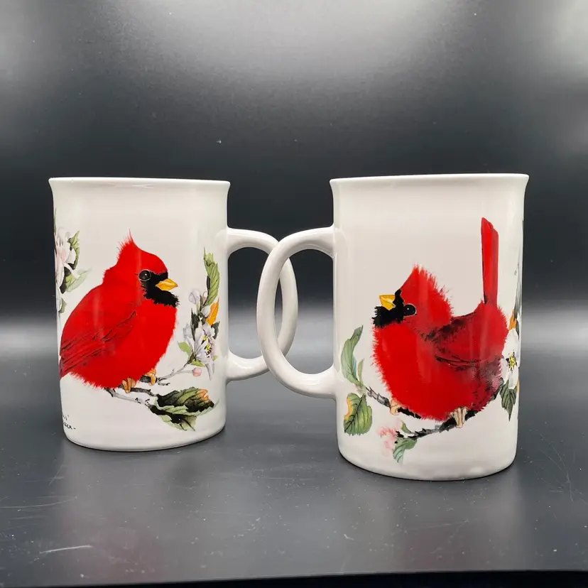 Otagiri Cardinals Birds Coffee Mugs Cups VTG Kitchen Signed Set of 2