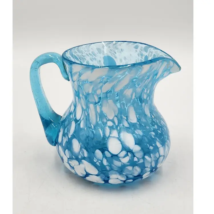 Hand Blown Art Glass Small Pitcher Blue W/White Splatter