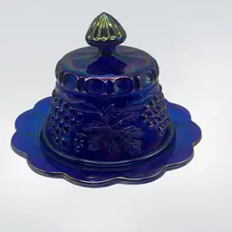 Mosser Glass Cobalt Grape And Cable Covered Butter Dish, 6-1/2” Tall With Lid And 7-1/2” Wide