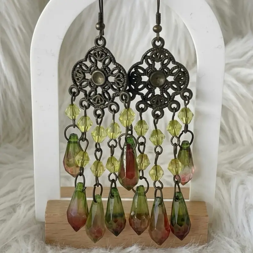 Boho Chandelier Earrings Green Beaded Dangles