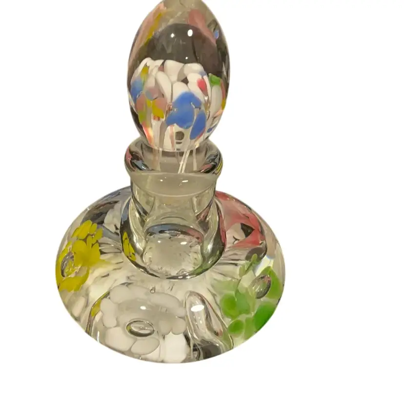 Beautiful Perfume Bottle With flowers Blown In. Can Also Be Used As A Paperweight. Prestige Glass. Measures 6”x4”.