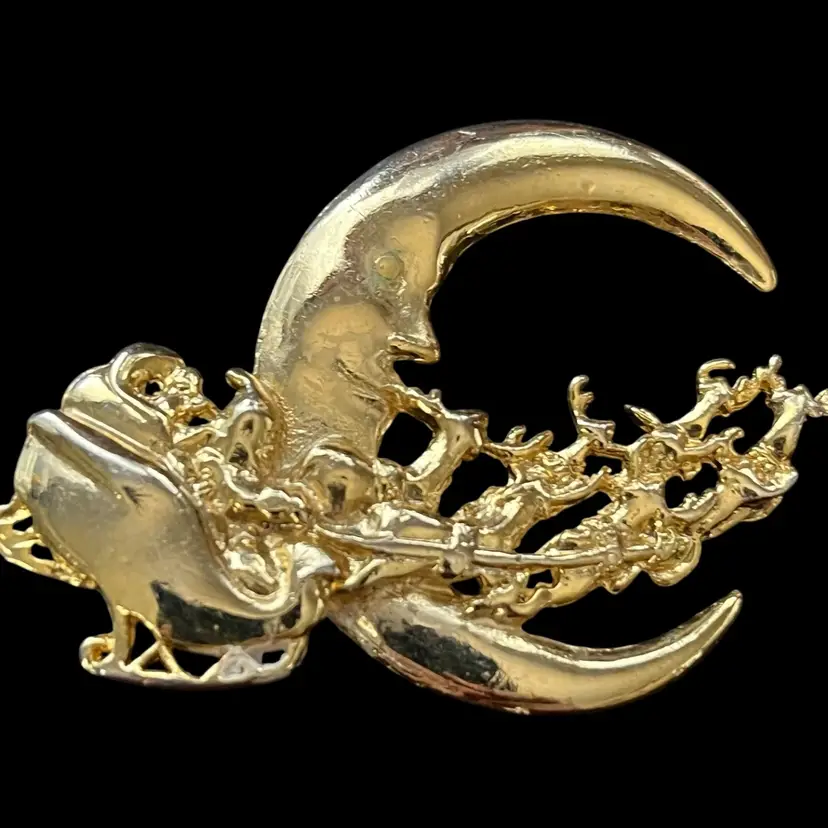 Santa And Reindeer Flying Through Moon Silver Toned Pin Brooch