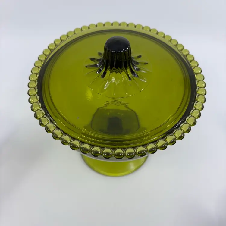 Indiana Glass Century Beaded Edge Green Lidded Candy Dish 6H 5.5Dia