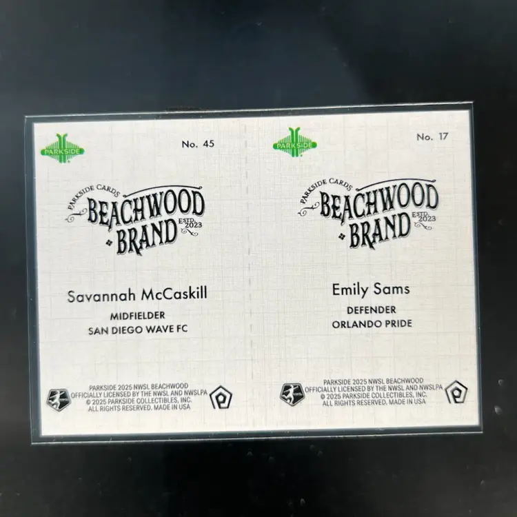 Emily Sams & Savannah McCaskill 2025 Parkside Beachwood Brand Beachwood Squared Soccer Card