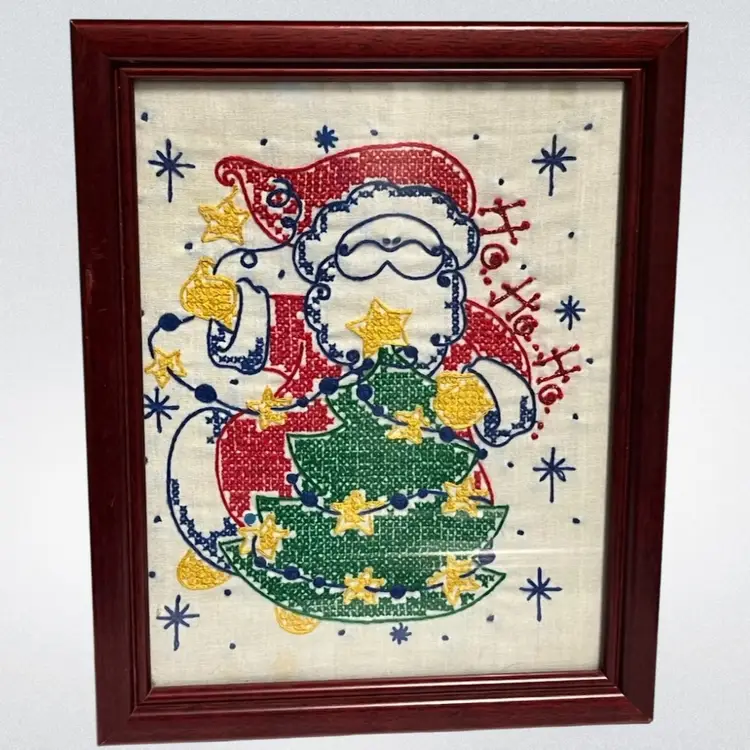 Santa with Christmas Tree- Cross Stitch - 8”x10” Framed