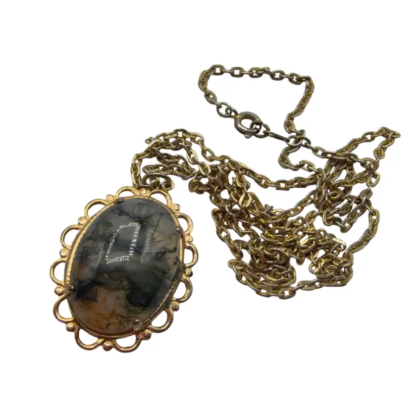 Vintage Mossy Agate Stone Pendant Necklace
