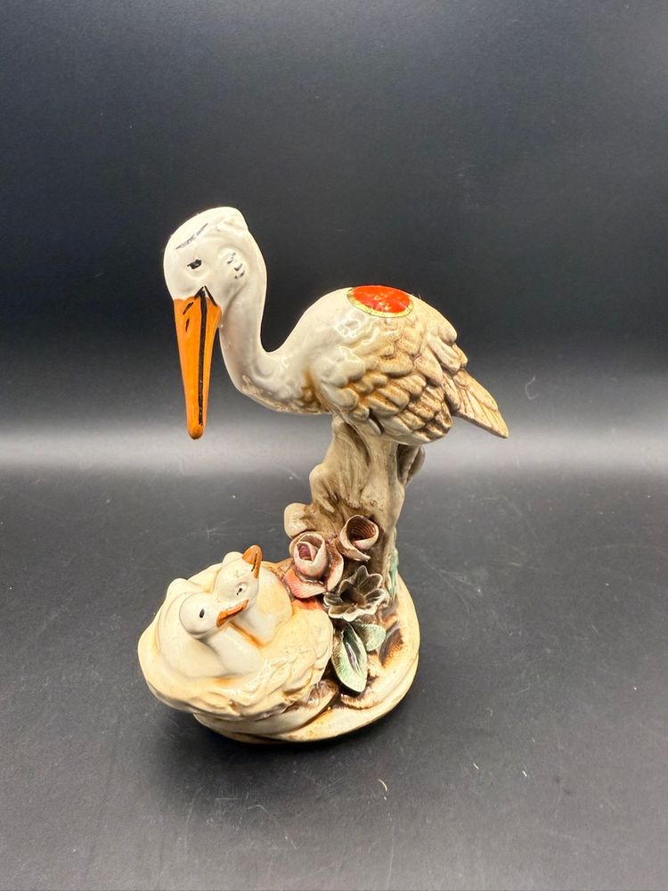 Italian Ceramic Stork With Chicks Figurine