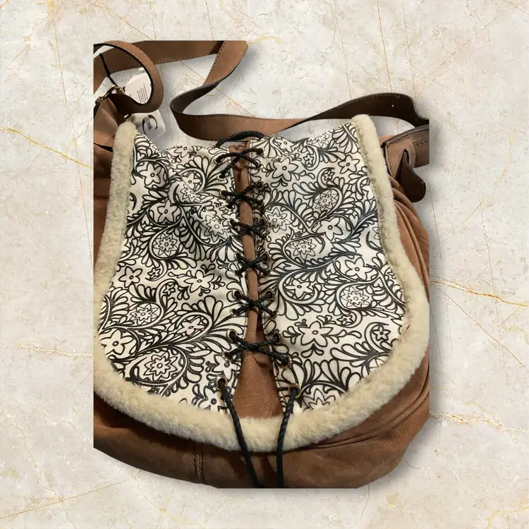 JUST CAVALLI Leather Crossbody Bag. New. Whipstitch Lace Detail. Zipper Closure.