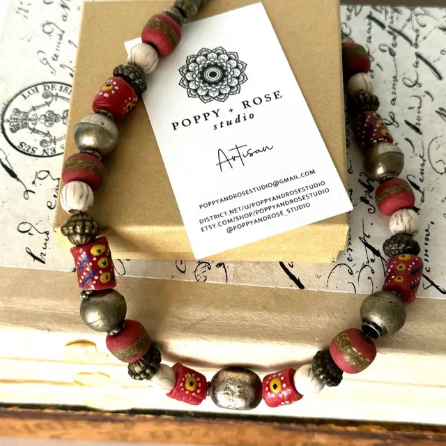 African Krobo Bead Necklace Accented With African Silver Beads And Vintage Brass Beads,16 1/2” #58 See