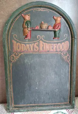 Vintage Wooden Menu Board of Today’s Fine Food Featuring Pigs