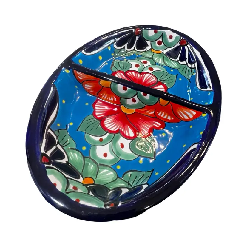 04 Vintage Mexican Pottery Divided Dish Floral