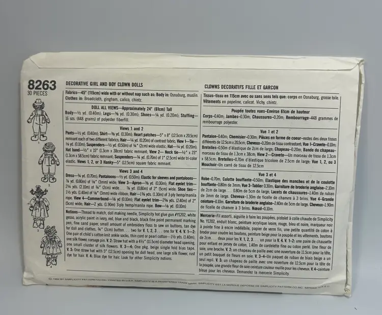 Vintage Simplicity Crafts Pattern #8263 Sharon Simons Decorative Boy and Girl Clown Dolls 1992