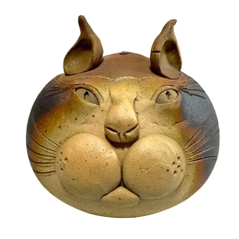 RARE CAT FACE BOWL STUDIO POTTERY KITTEN BOWL TAN BROWN 4.5"X 5.25" HTF NO FLAWS