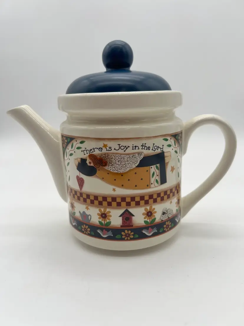 Vintage Folk Art Ceramic Debbie Mumm Teapot In Her “Joy Angel” Motif