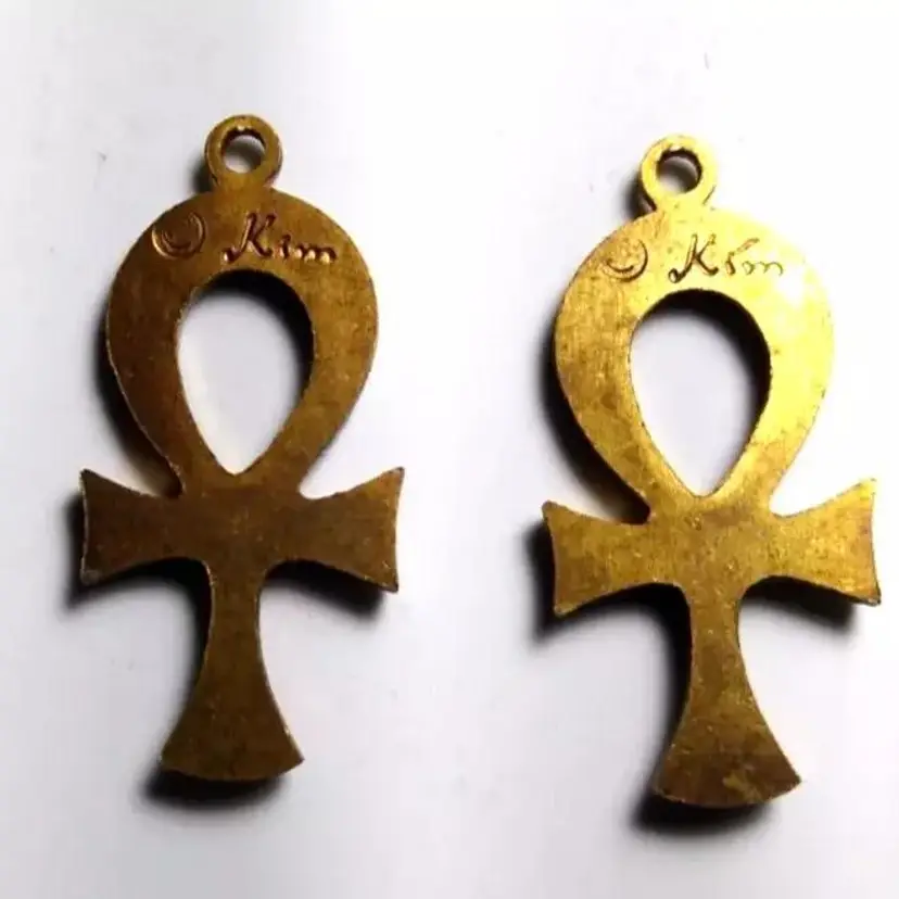 EGYPTIAN ANKH Pendant Charms Lot Of (2) Kim Co. Vintage Brass 1960's Hippy Craze