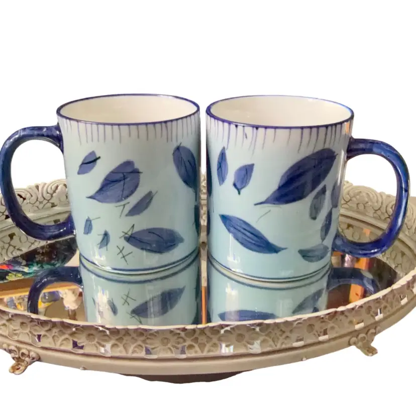2 Hand Painted Coffee Mugs , Light Blue , Leaves , Drip Glaze Rim, Ceramic. Large