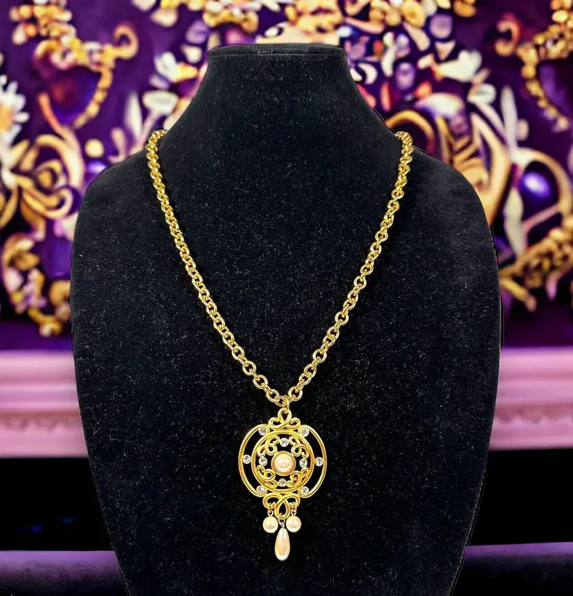 Rare Vintage Estate Couture Jesara Necklace Big Gold Chunky 90s  Long Signed