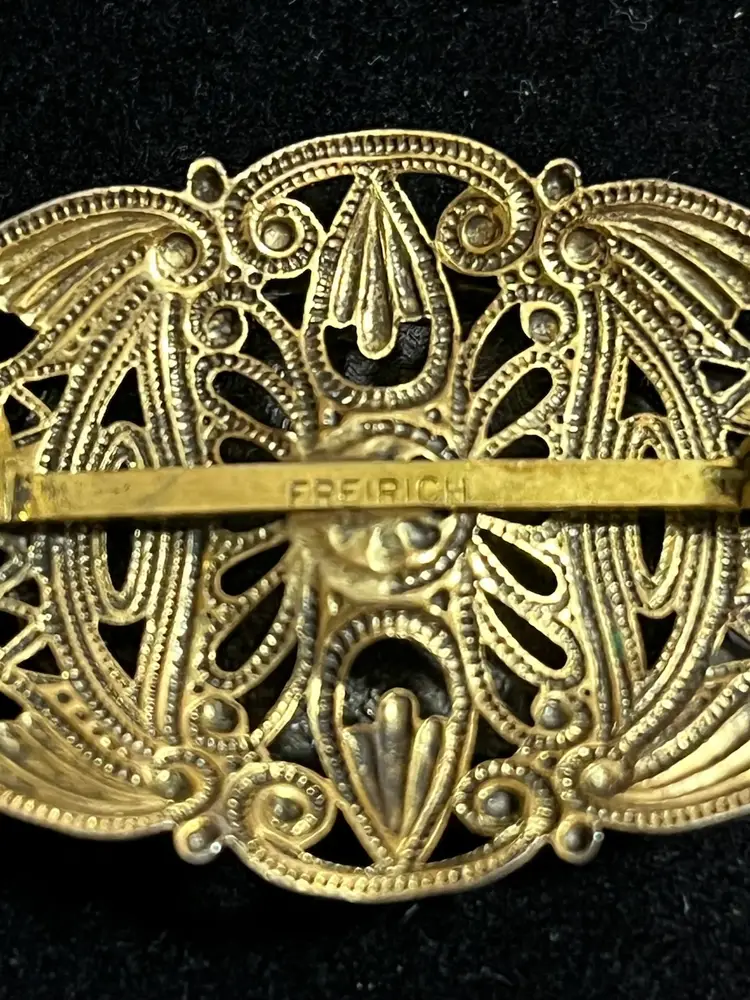 Vintage Signed FREIRICH Brooch - Victorian Revival Champlevé Enamel Filigree Pin - 1960s