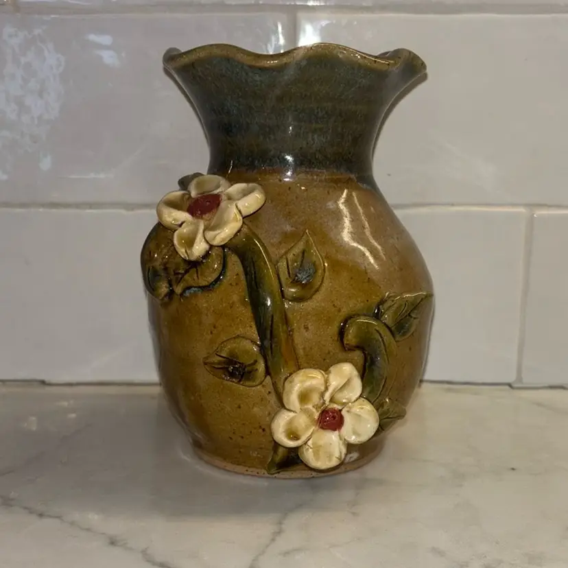 Majolica Style Pottery Vase Ruffled Top Drip Glaze Signed