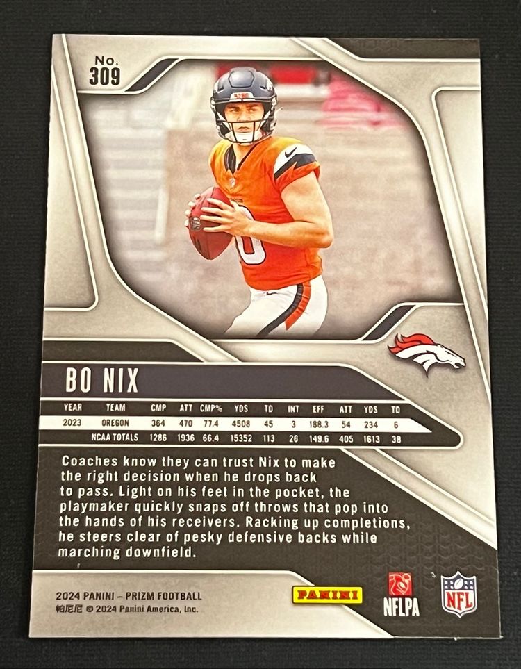 Bo Nix 2024 Panini Prizm Rookie RC #309 Denver Broncos