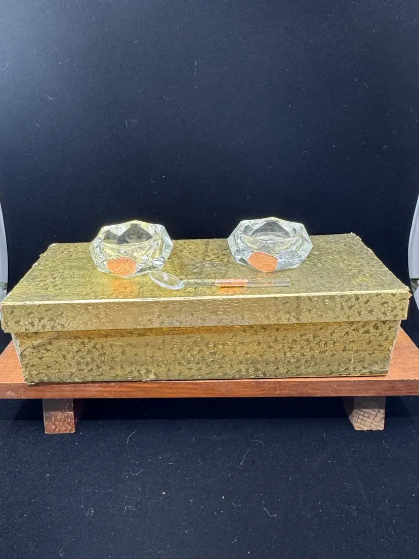 6 Piece Set Of Bohemian Salt Cellars And Glass Salt Spoons With Original Stickers And Original Box