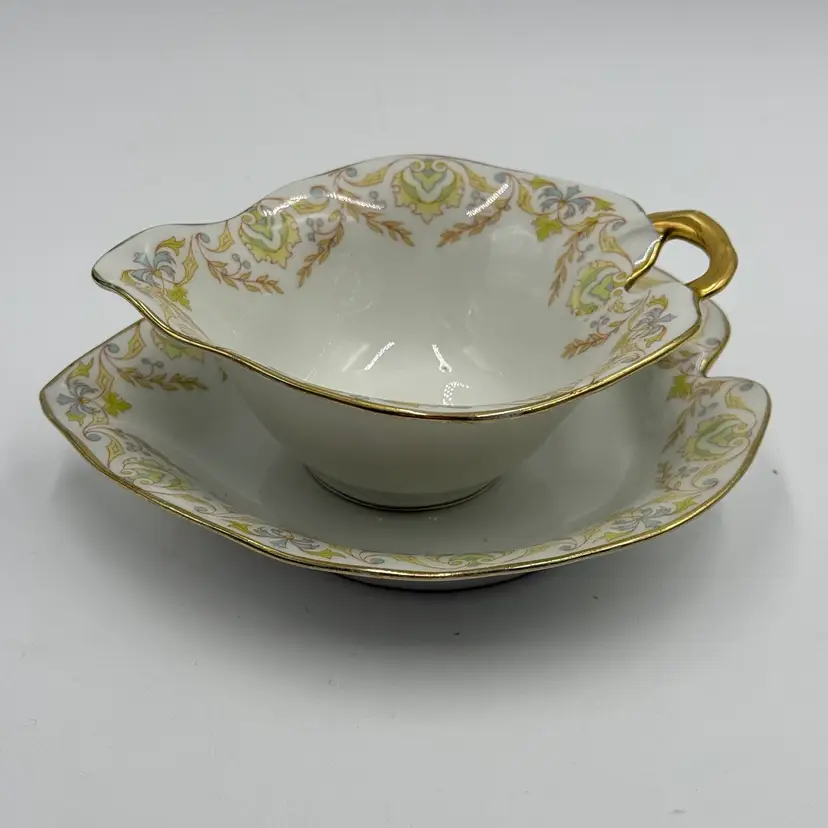 Bawo Dotter Elite Limoges France Antique Porcelain Heart Shape Bowl & Dish Yellow And Blue Floral