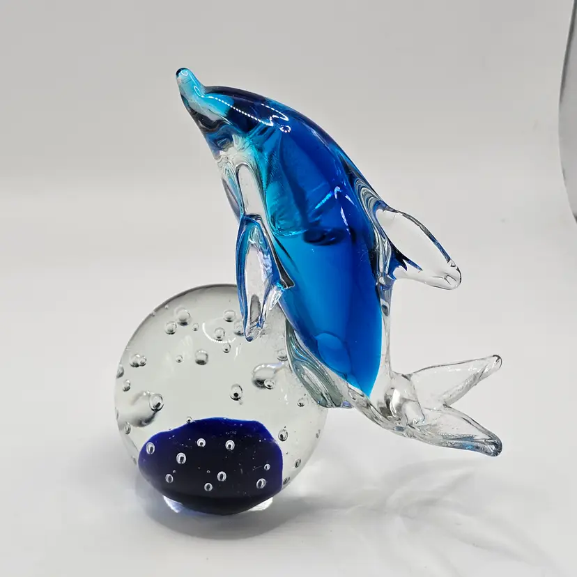 Art Glass Paperweight with dolphin on ball with controlled bubbles
