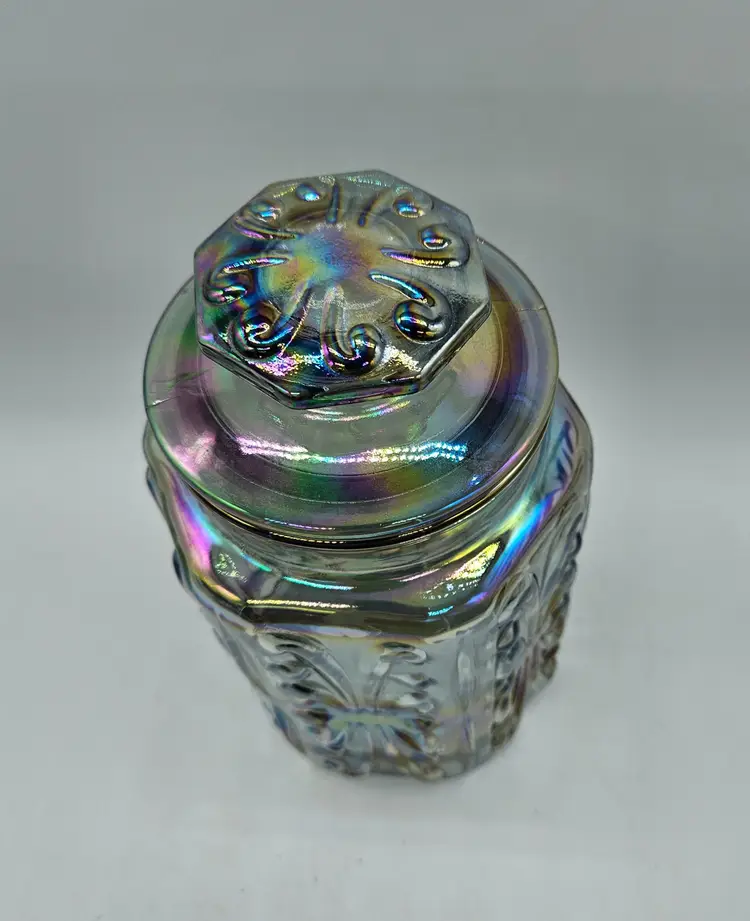 LE Smith Imperial Atterbury Irredescent Scroll Glass Apothecary Jar Canister 9.5"