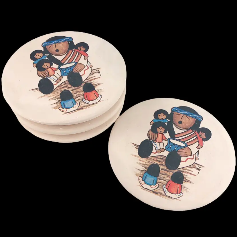4 Native American Pueblo Storyteller Round Ceramic Coasters Set