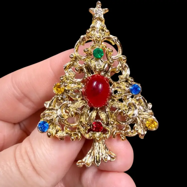 Gold Tone Rhinestone Cabochon Christmas Tree Brooch Pin, Unmarked