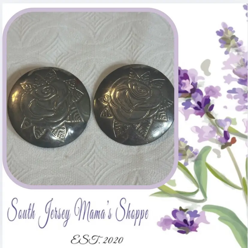 Vintage Silver Tone Embossed Rose Circle Metal Pierced Earrings
