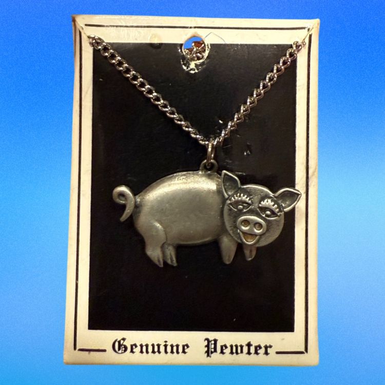 Vintage MCM AJR Solid Pewter Bouncy Smiley Piggy Necklace New on Card, 1.25”