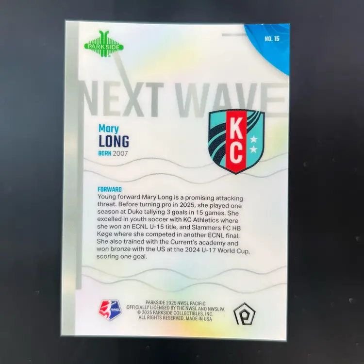 Mary Long 2025 Parkside NWSL Pacific Next Wave Green /99 Soccer Card