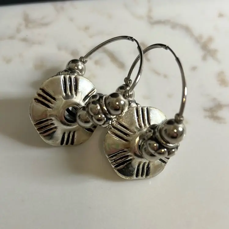 Vintage Silver Tone Chunky Beaded Hoop Pierced Earrings 2” #B-13