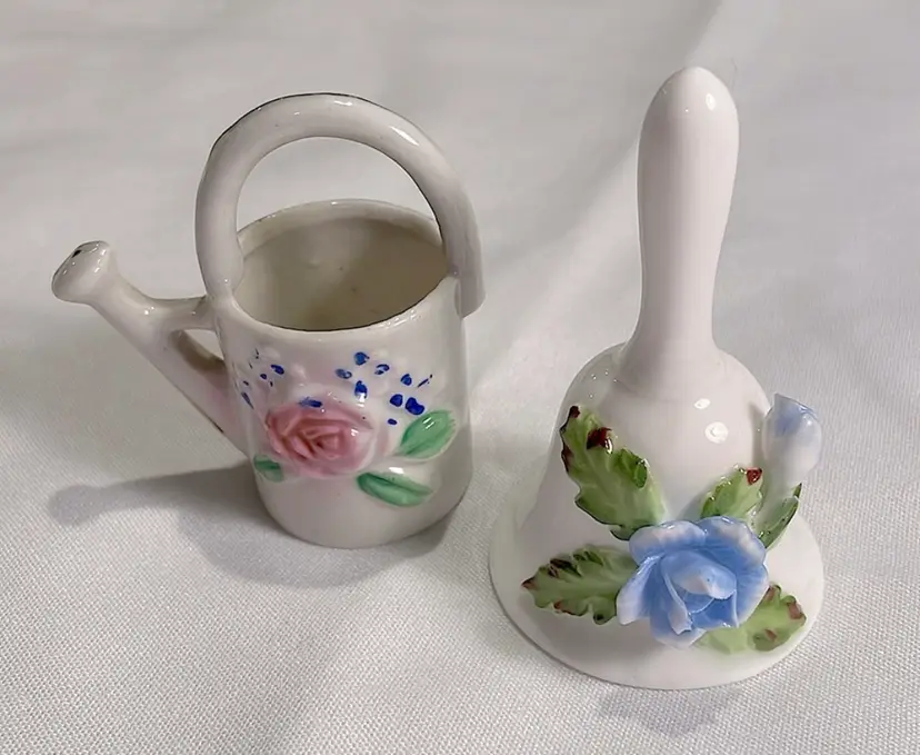 China Bell and Watering Can with Roses in Pink and Blue