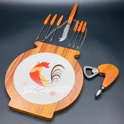 Djilly 10 - Vintage Red Gold Rooster Ceramic Tile Trivet Cheese Board with Utensils Wall Hanging Set - Japan