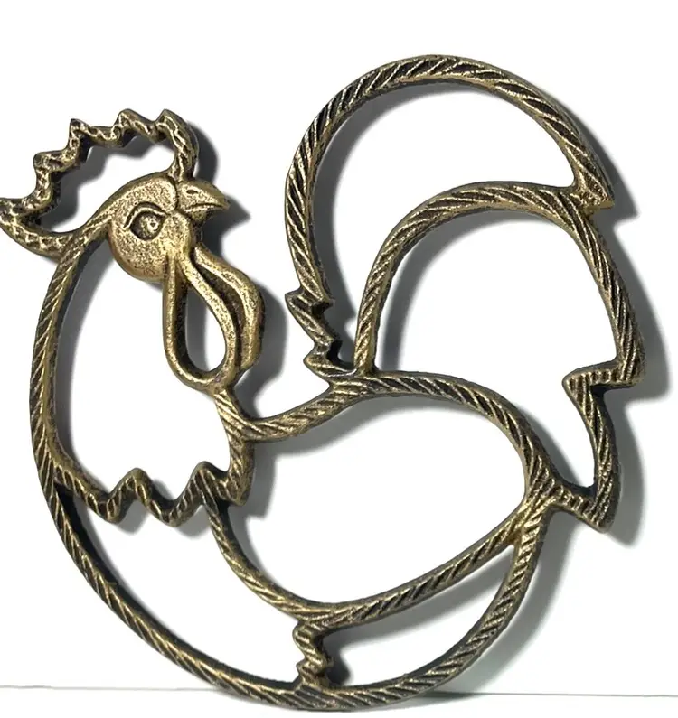 Pair Of Rooster Trivet Wall Hangings. Metal With Antiqued Gold Tone Finish.
