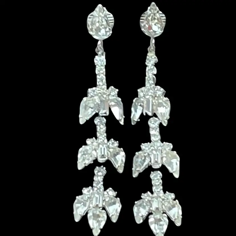 017 Glass Rhinestone Clip On Earrings 3 Inches Exquisite