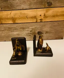 Vintage Brass Penguin Bookends on Metal Mid Century Modern Hollywood Regency Art Deco