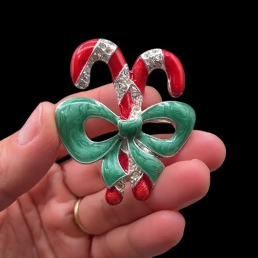 **Candy Cane & Green Ribbon Silver Tone Metal Brooch 2”