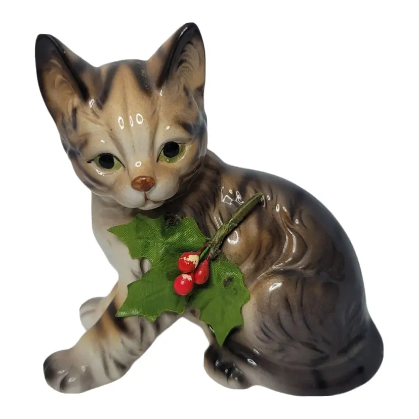 Enesco Christmas Brown Cat Kitten Vintage Retro Statue Figure